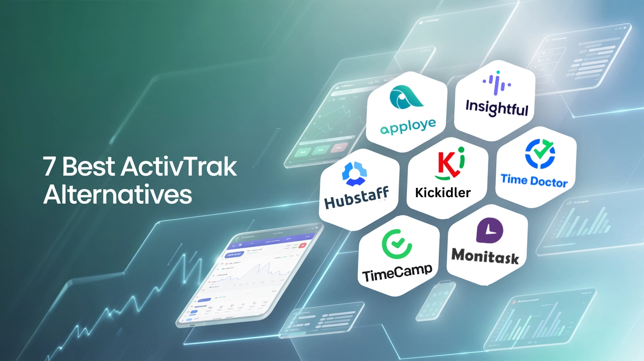 Hexagons show logos of 7 ActivTrak alternatives like Hubstaff, Apploye, and Time Doctor.