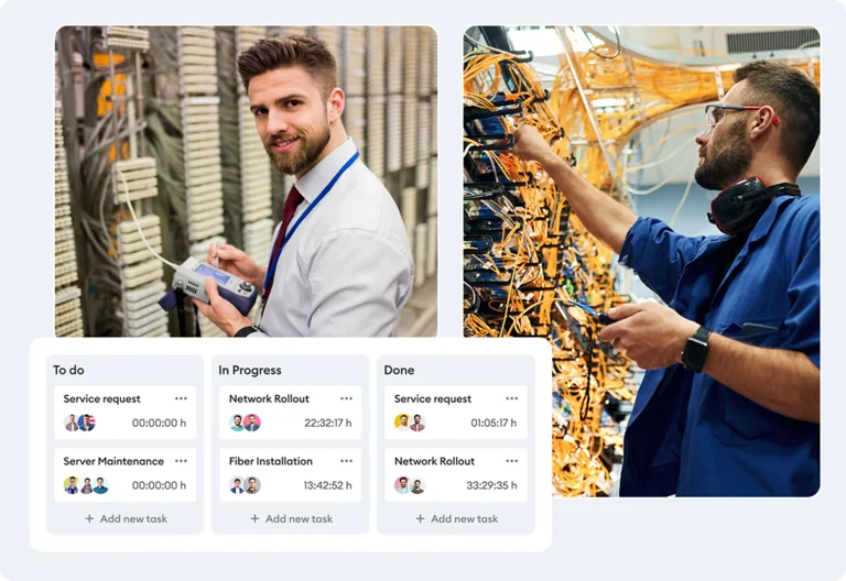 Two men working on telecommunication cable management