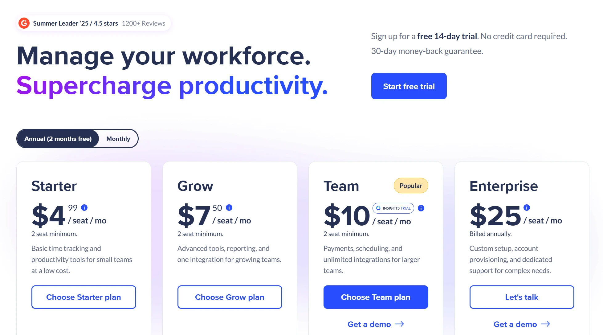 Hubstaff pricing page.