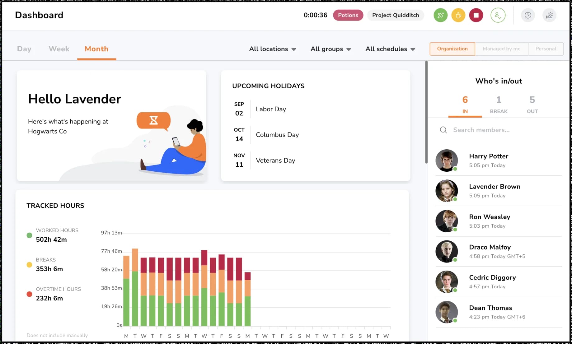 Dashboard showing work hours, holidays, and team check-in times.