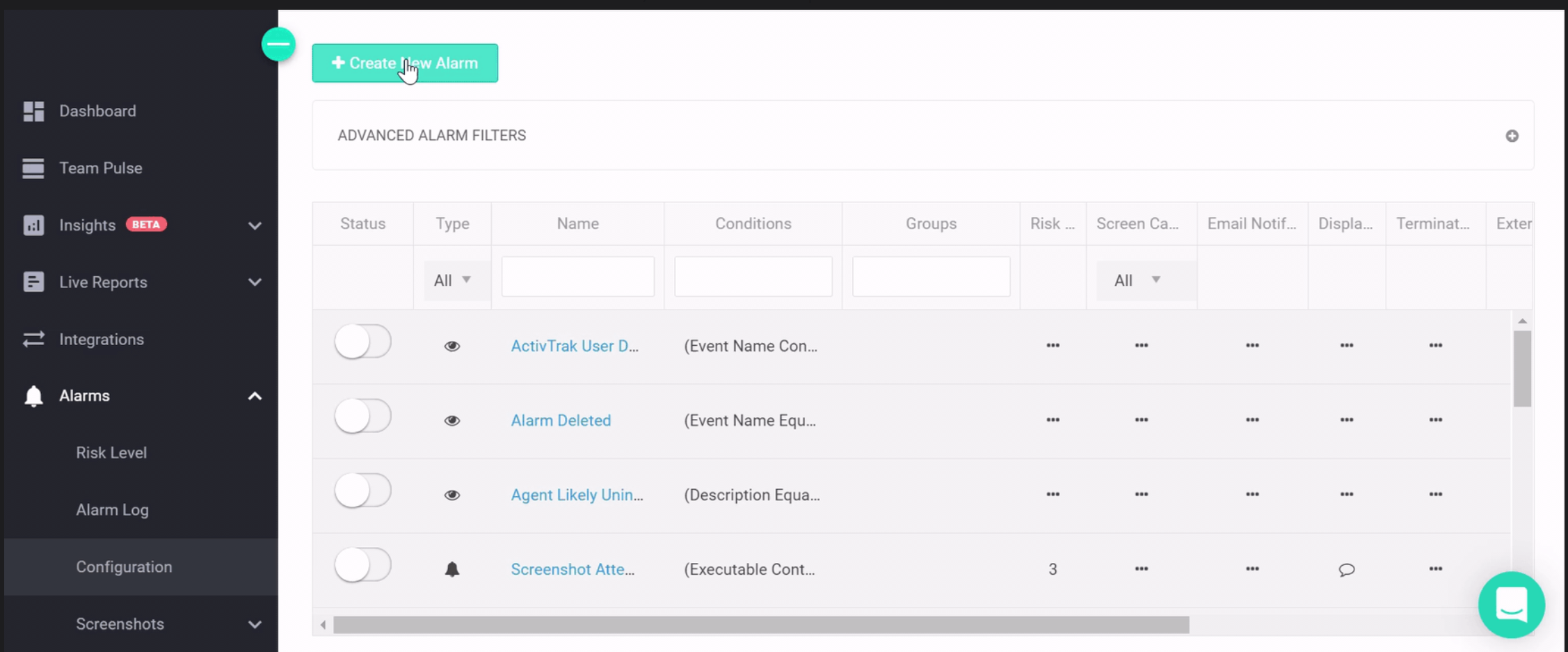 ActivTrak Alarms screen.