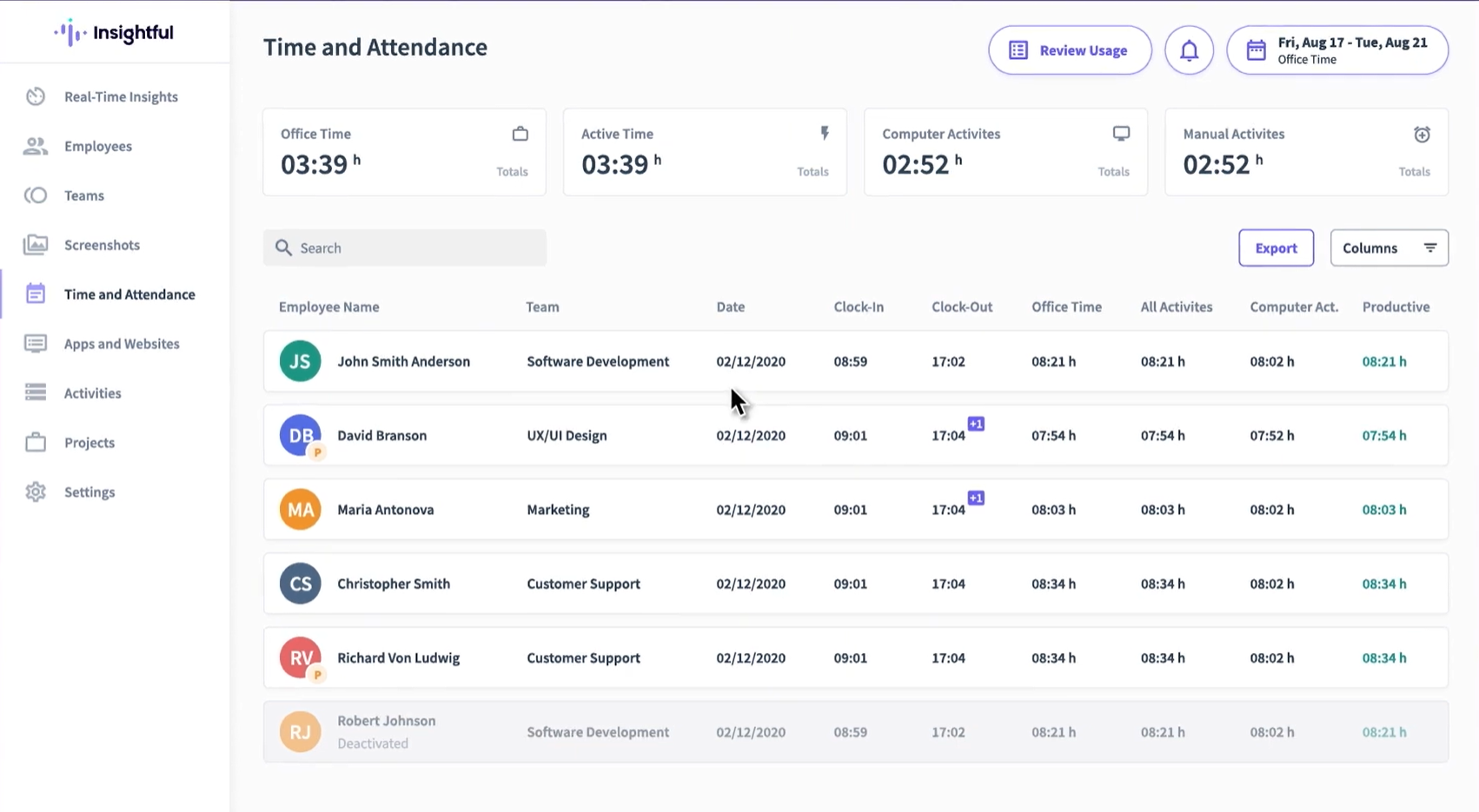 Insightful Time and Attendance feature.