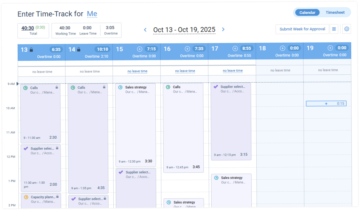 ActiTime calendar timesheet view