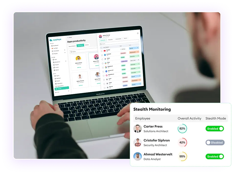 Schedule panel showing enabled stealth monitoring in Apploye
