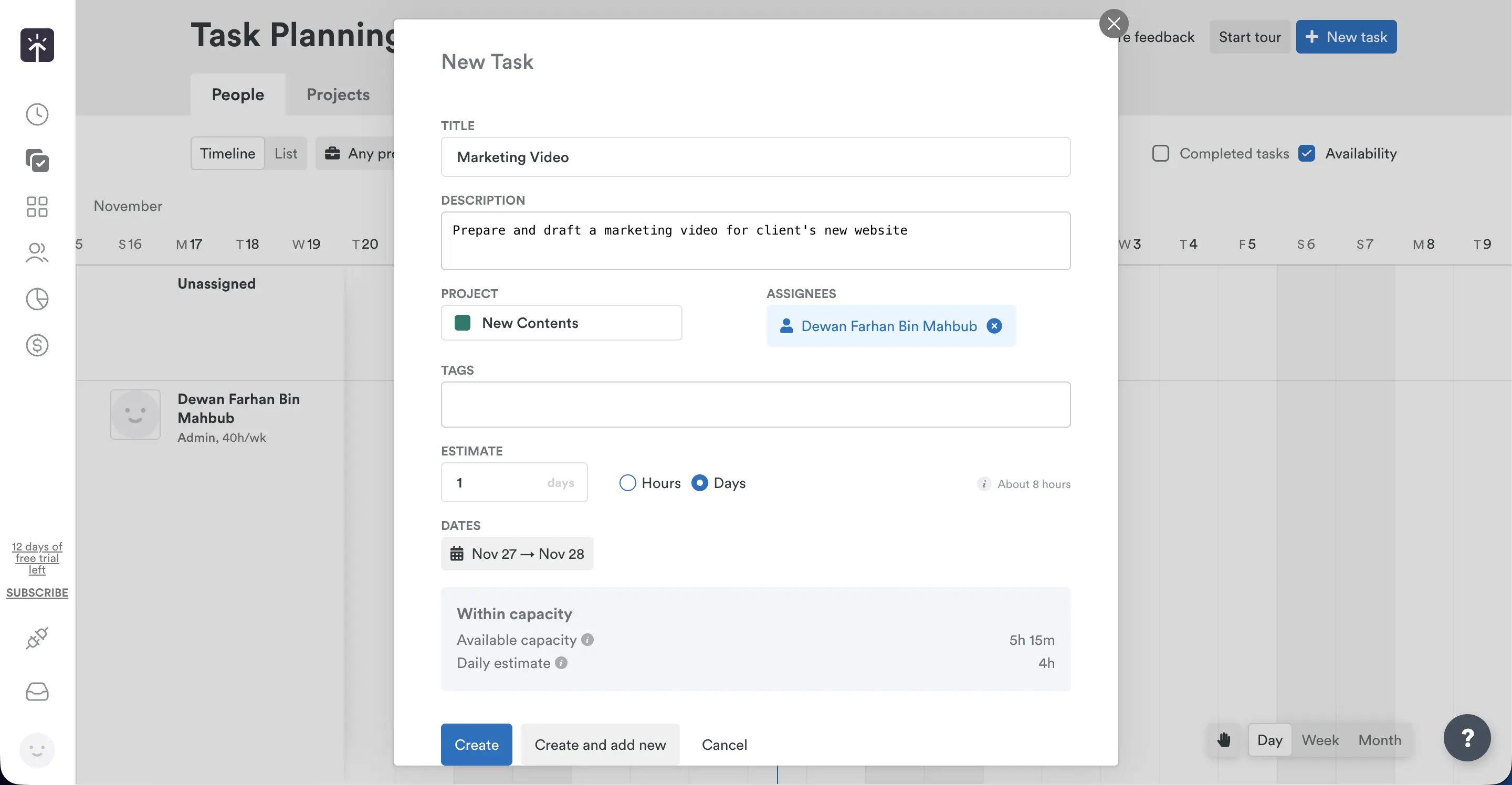 Creating a new task in Timely