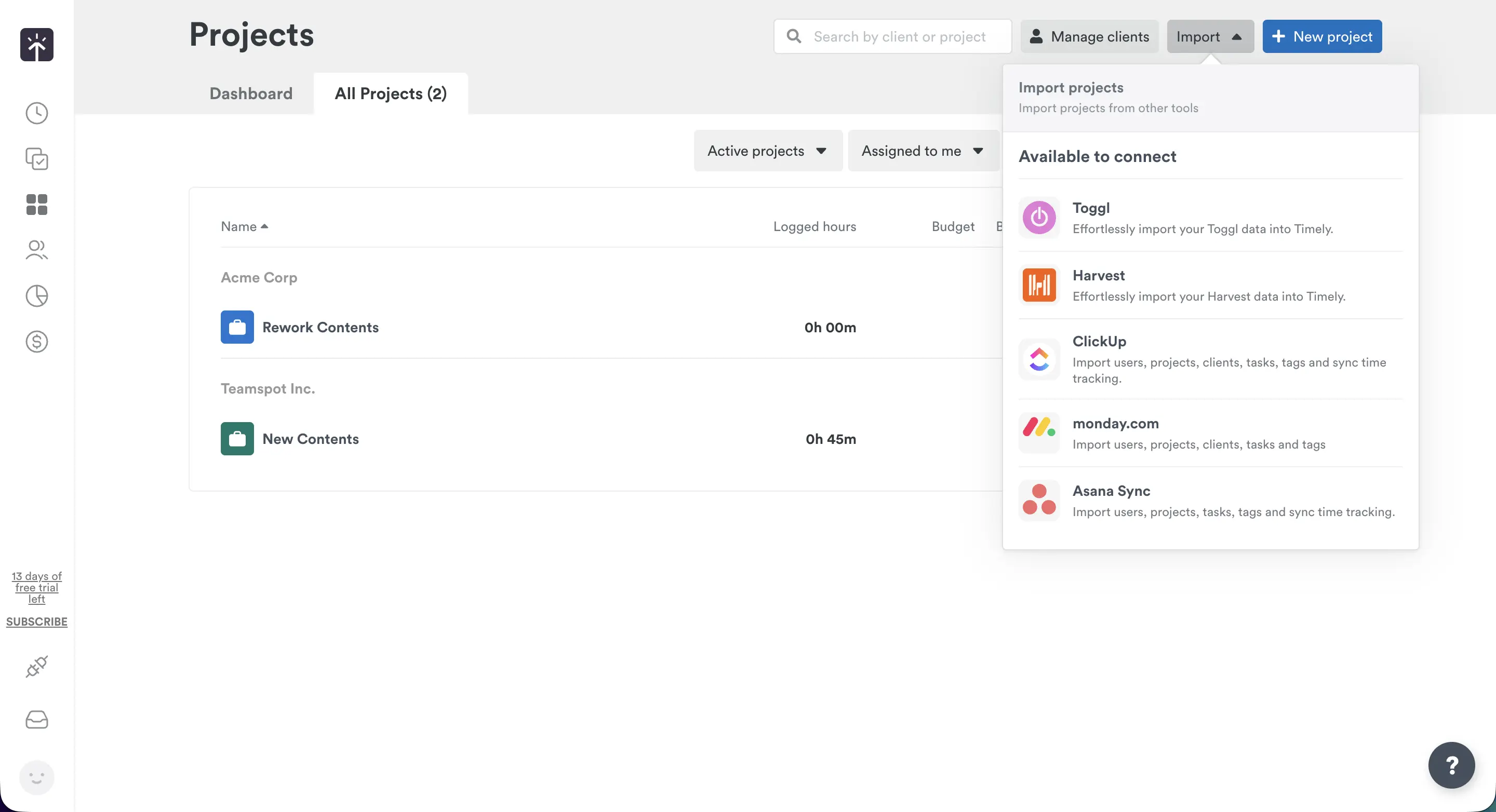  Importing projects from other integrations in the Timely app