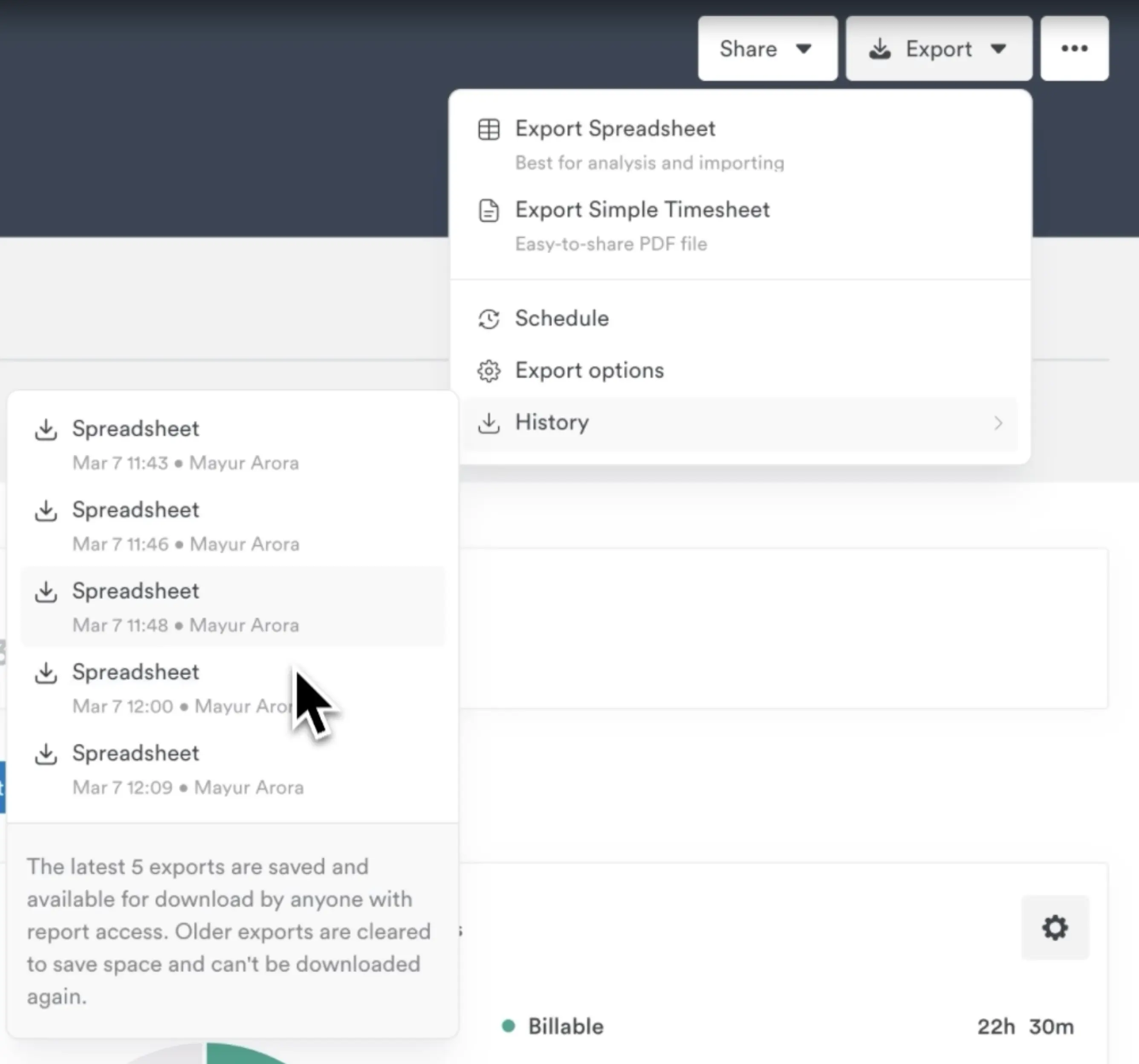 Export reports in multiple formats and check export history in Timely