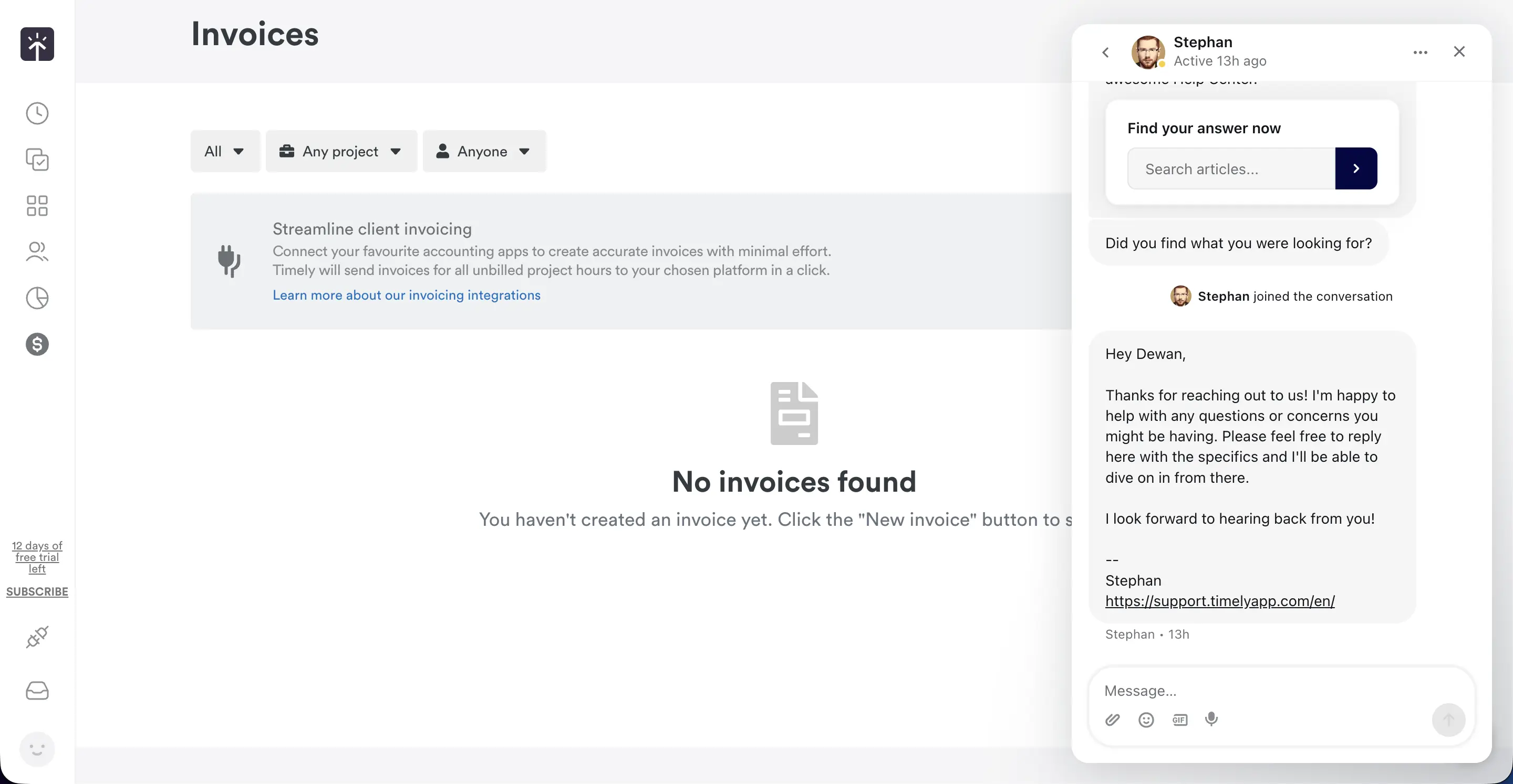Quick in-app support from the Timely customer support team