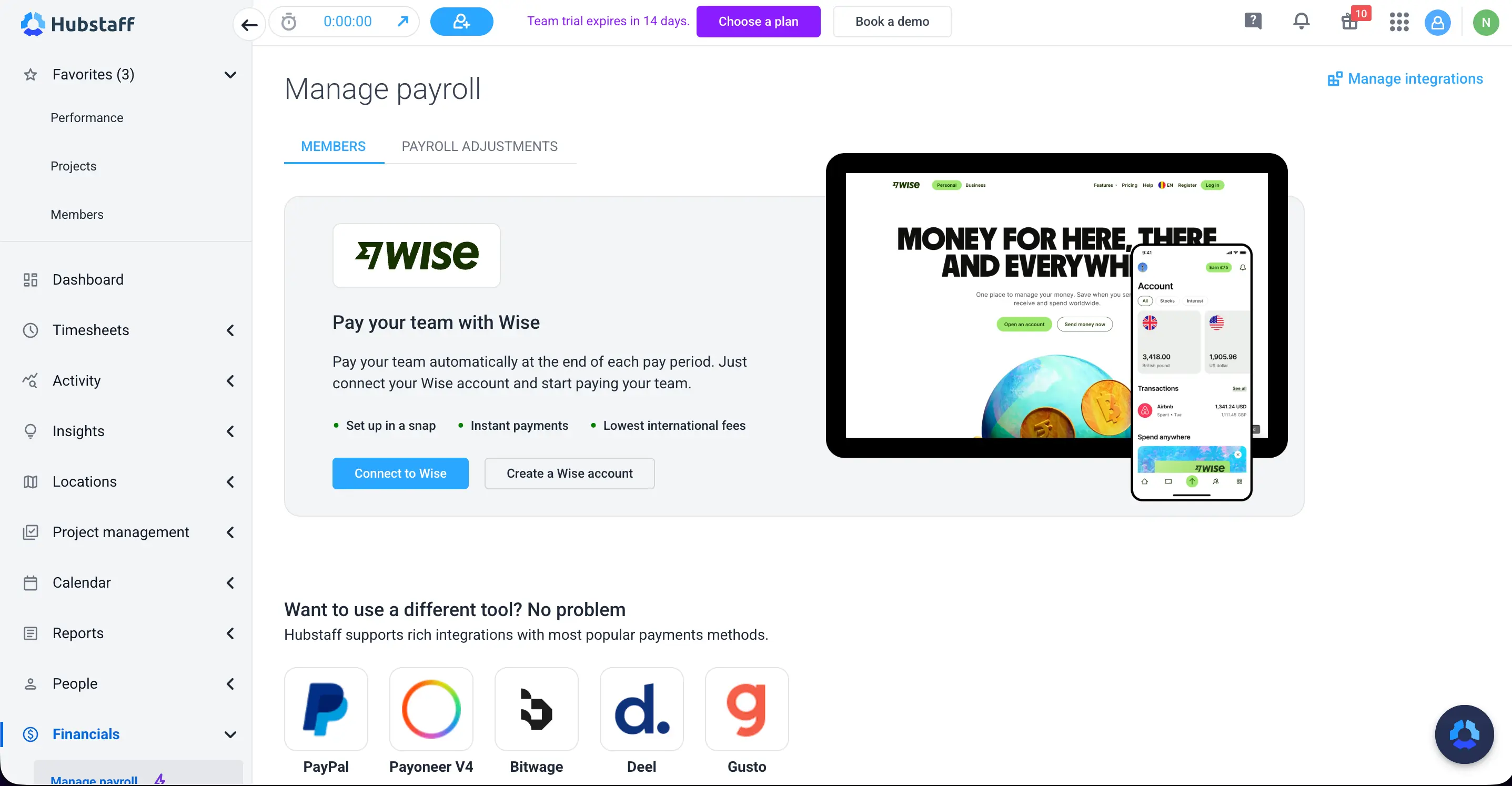 No dedicated payroll system available in Hubstaff