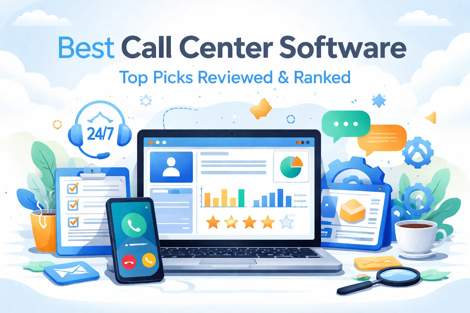 Call center software dashboard with laptop, phone, and communication icons.