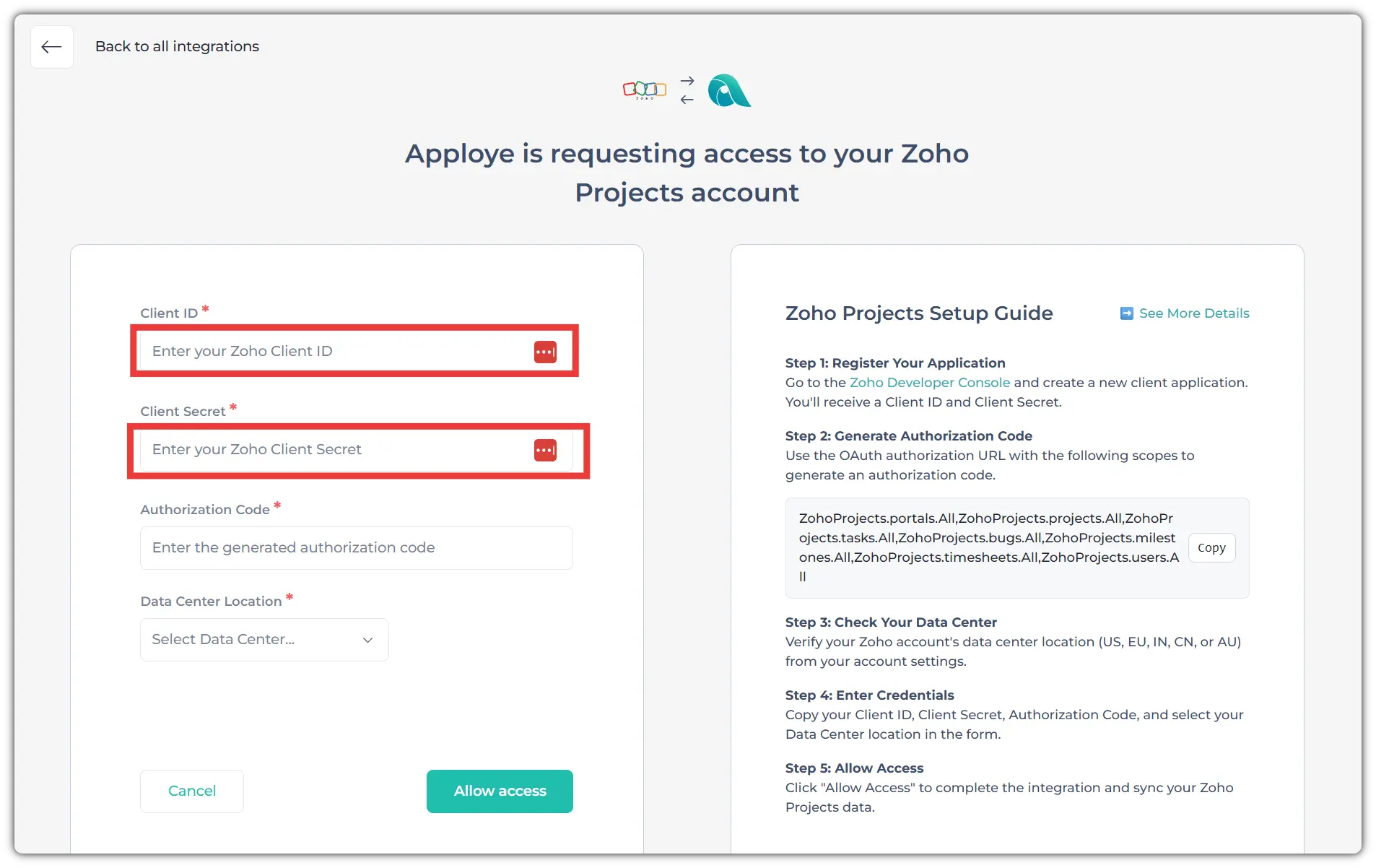 Zoho Projects account integration.