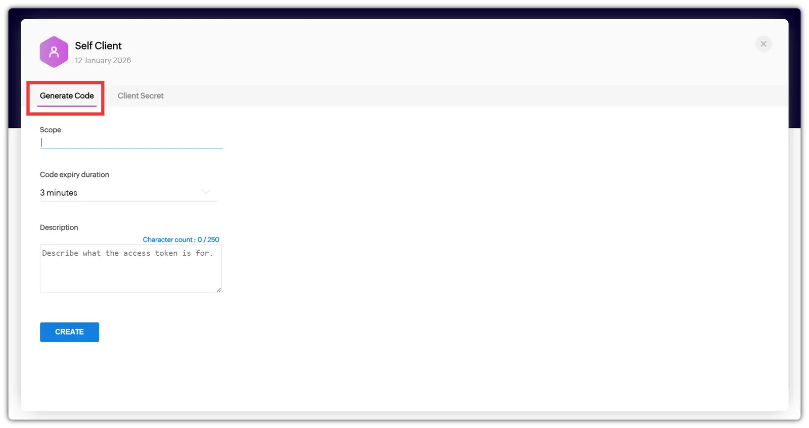 Zoho self client generate code.