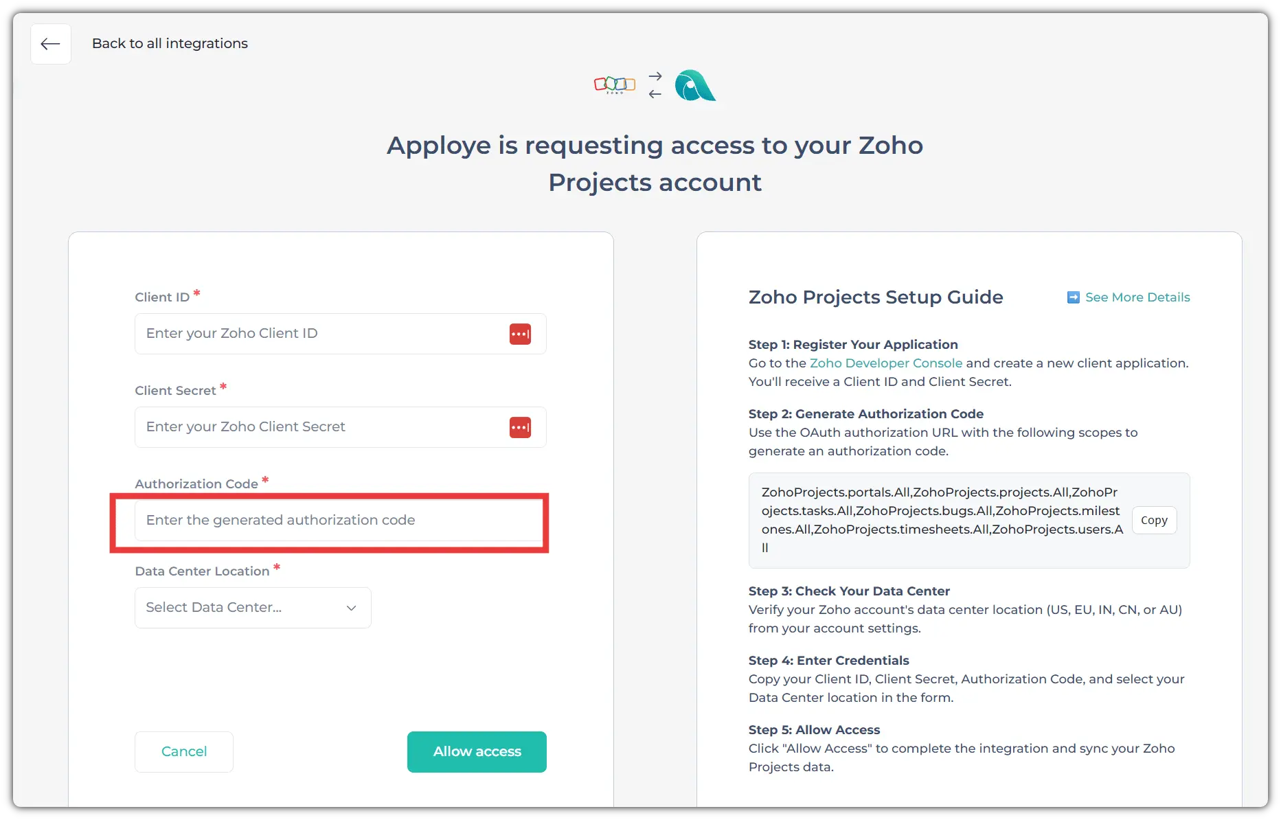 Zoho authorization code in Apploye.