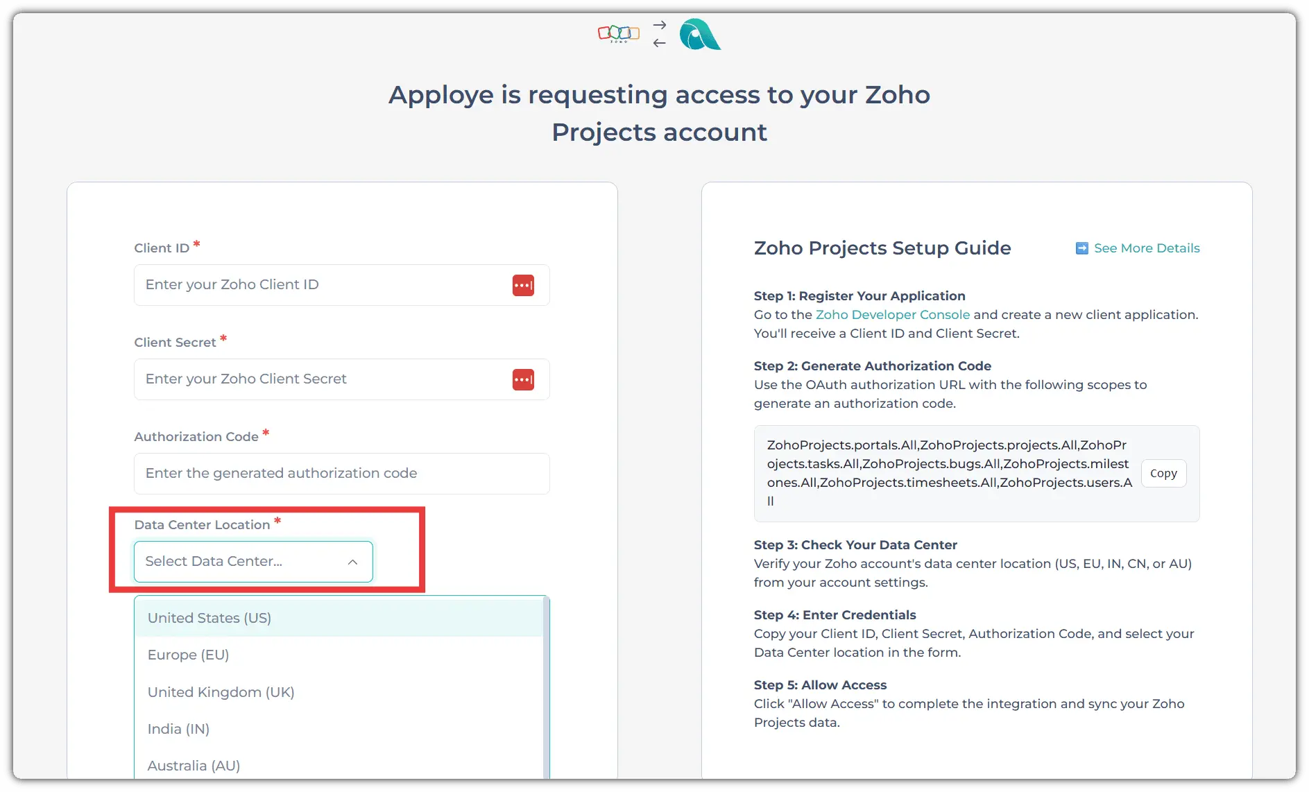 Zoho integration access in Apploye.