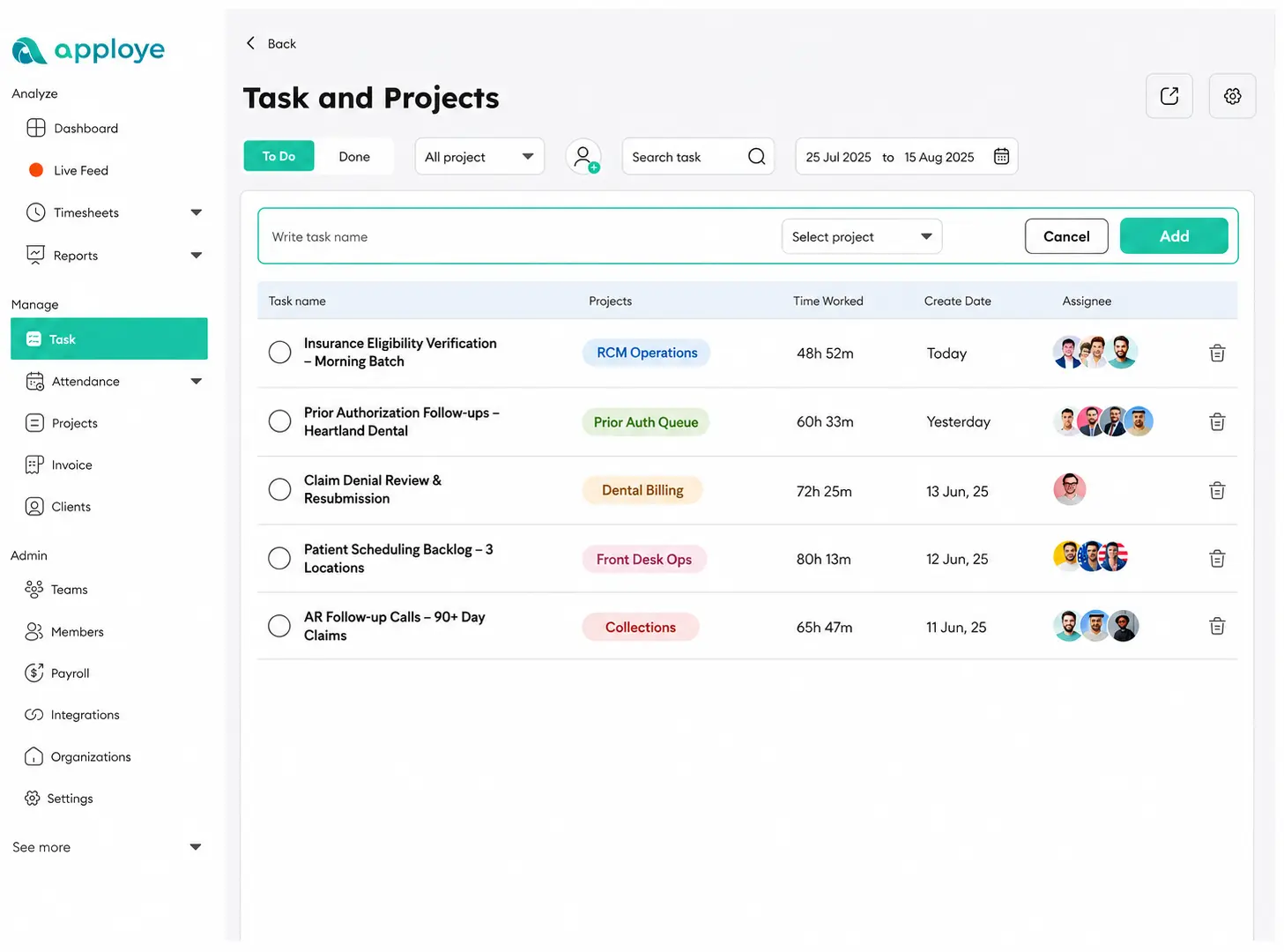 Client list with auto-generated invoice report and due date.