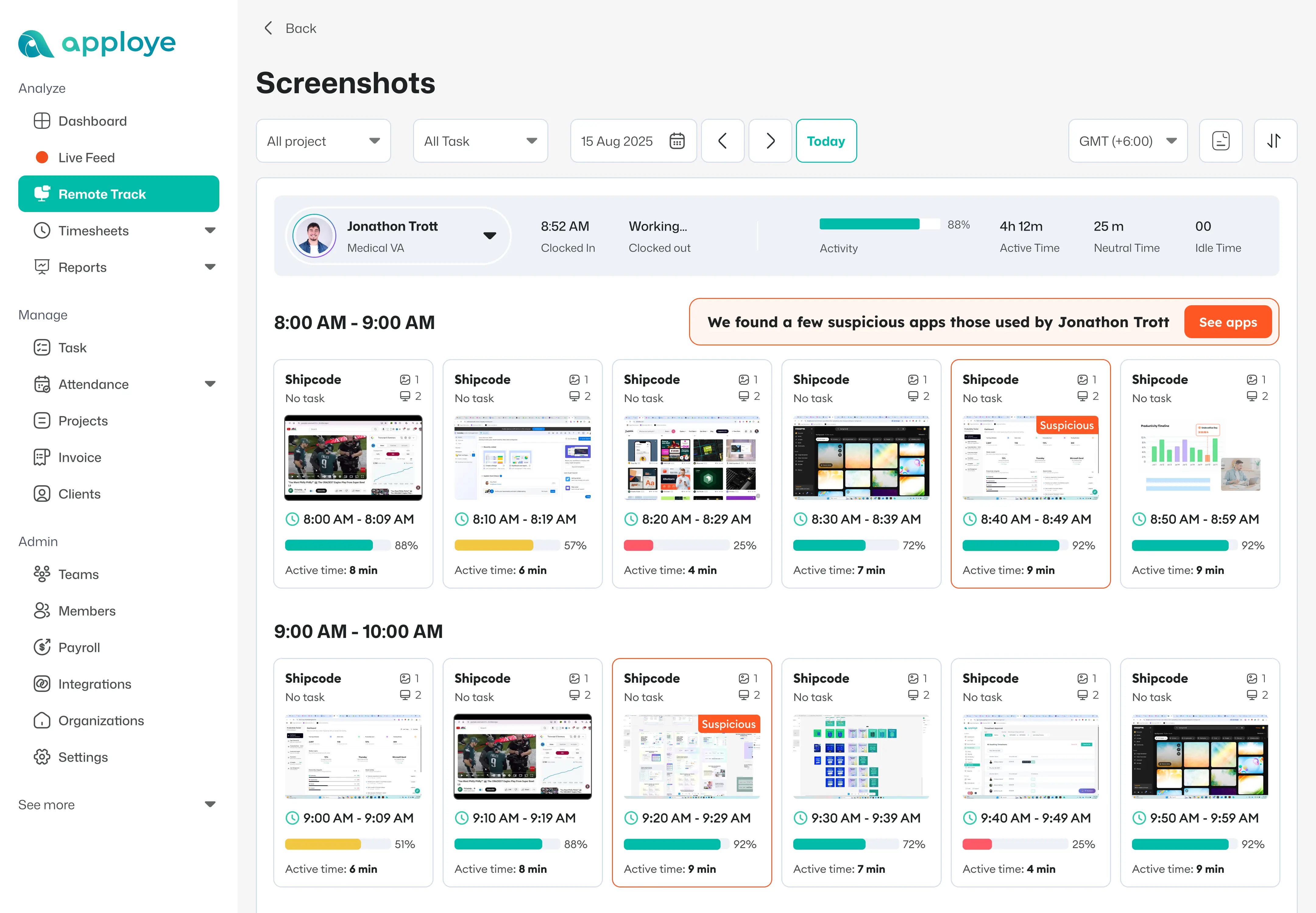 Live status of employee with live video recording and live status of tasks