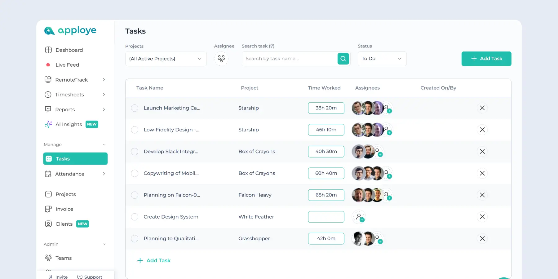 Remote employee task management dashboard with tracked work hours