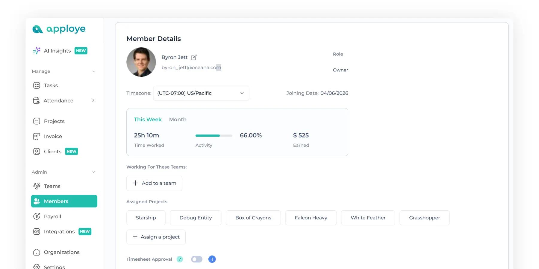 Remote employee member details dashboard with time, activity, and earnings