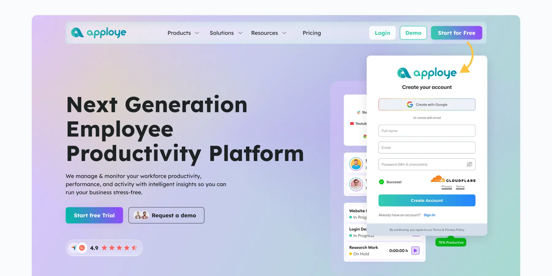 Employee productivity platform landing page with free trial signup