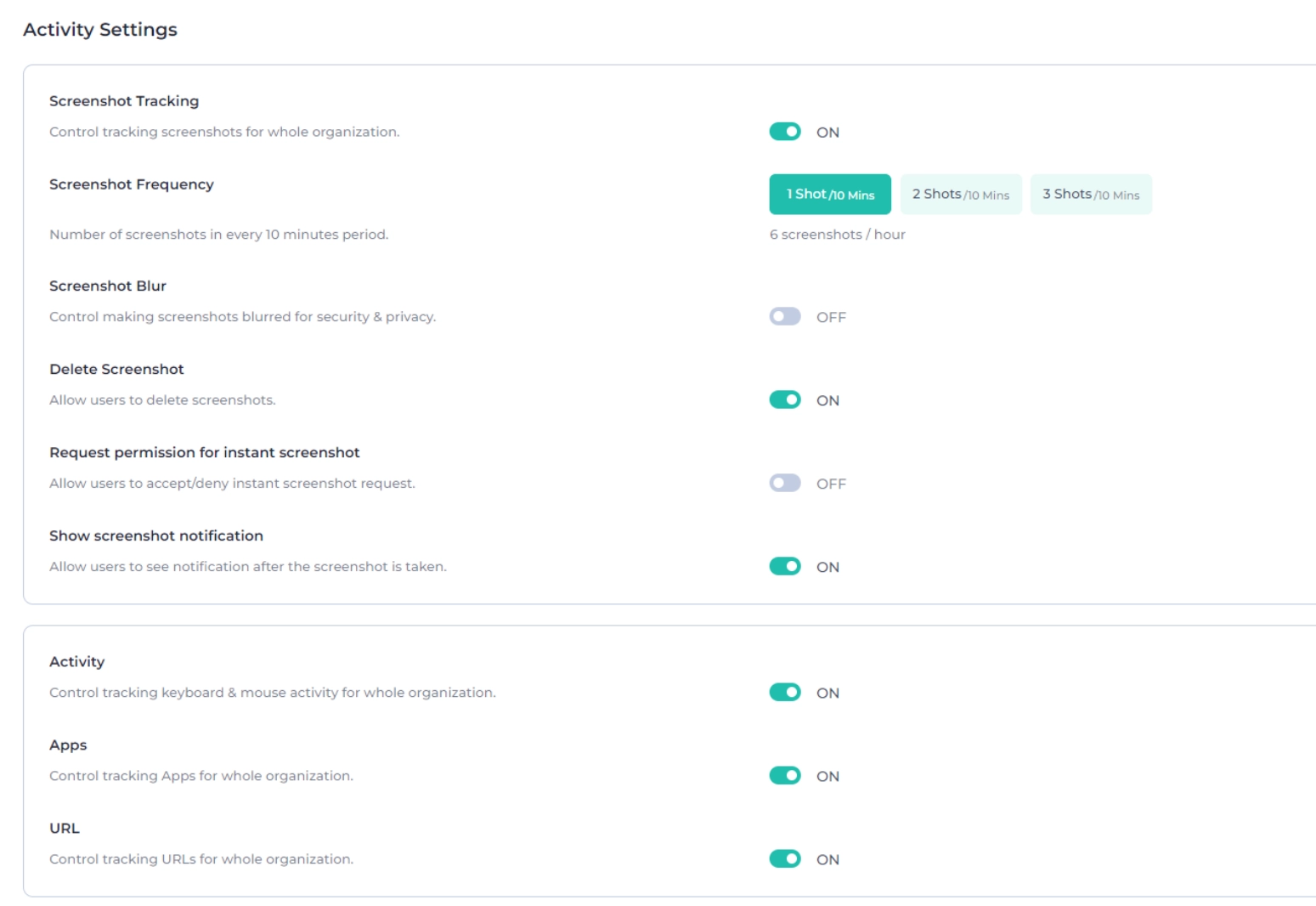 Activity settings page for tracking screenshots, activity, and app usage within an organization.
