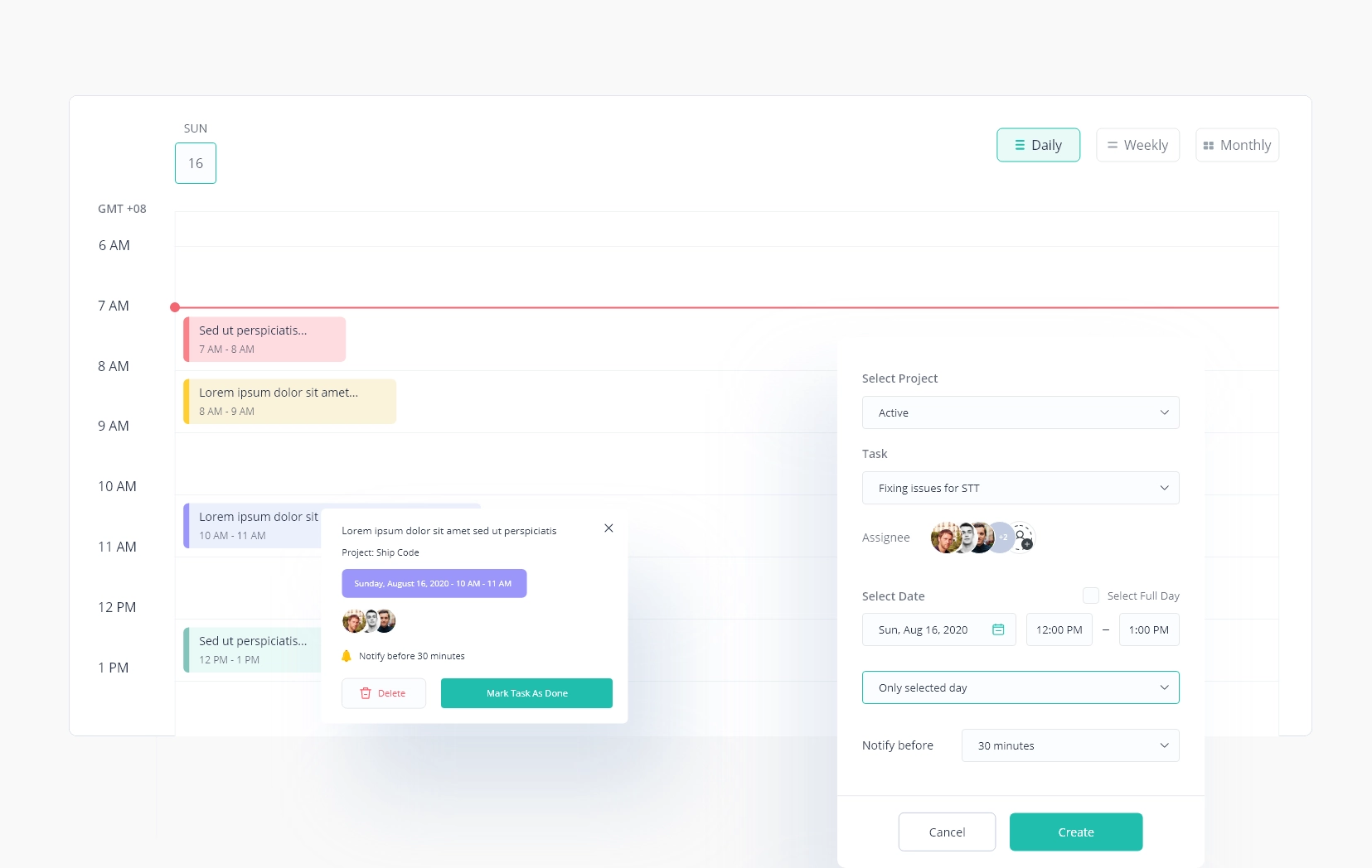 Task scheduling calendar showing daily work blocks and task creation.