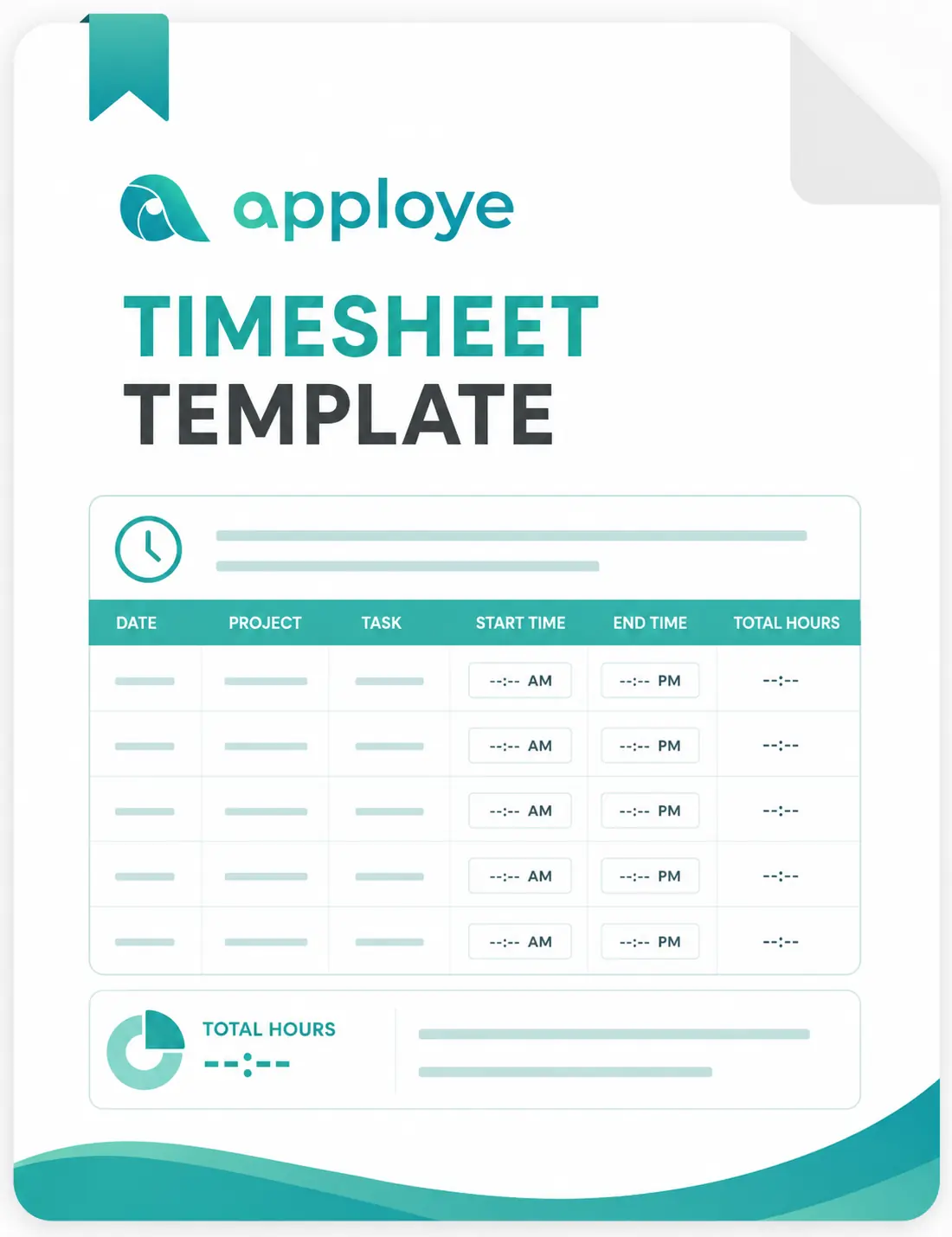 Apploye timesheet template with date, project, task, time, and total hours fields.