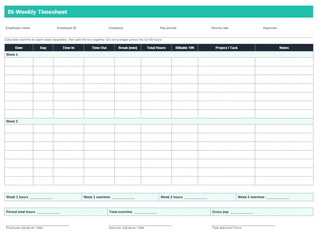 Bi-weekly timesheet template with two separate weekly overtime calculations.