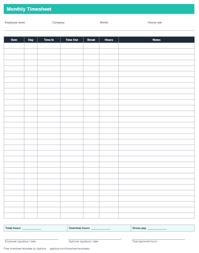Monthly timesheet template with 31 day rows and a month-end total.