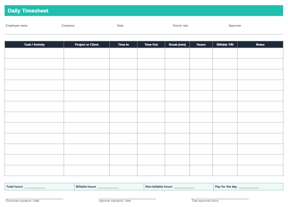 Daily timesheet template broken down by task with billable hours total.