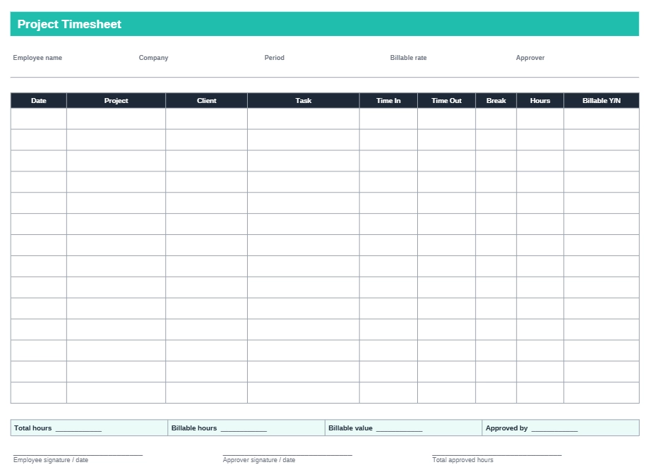 Project timesheet template with per-project hours and billable value rollup.