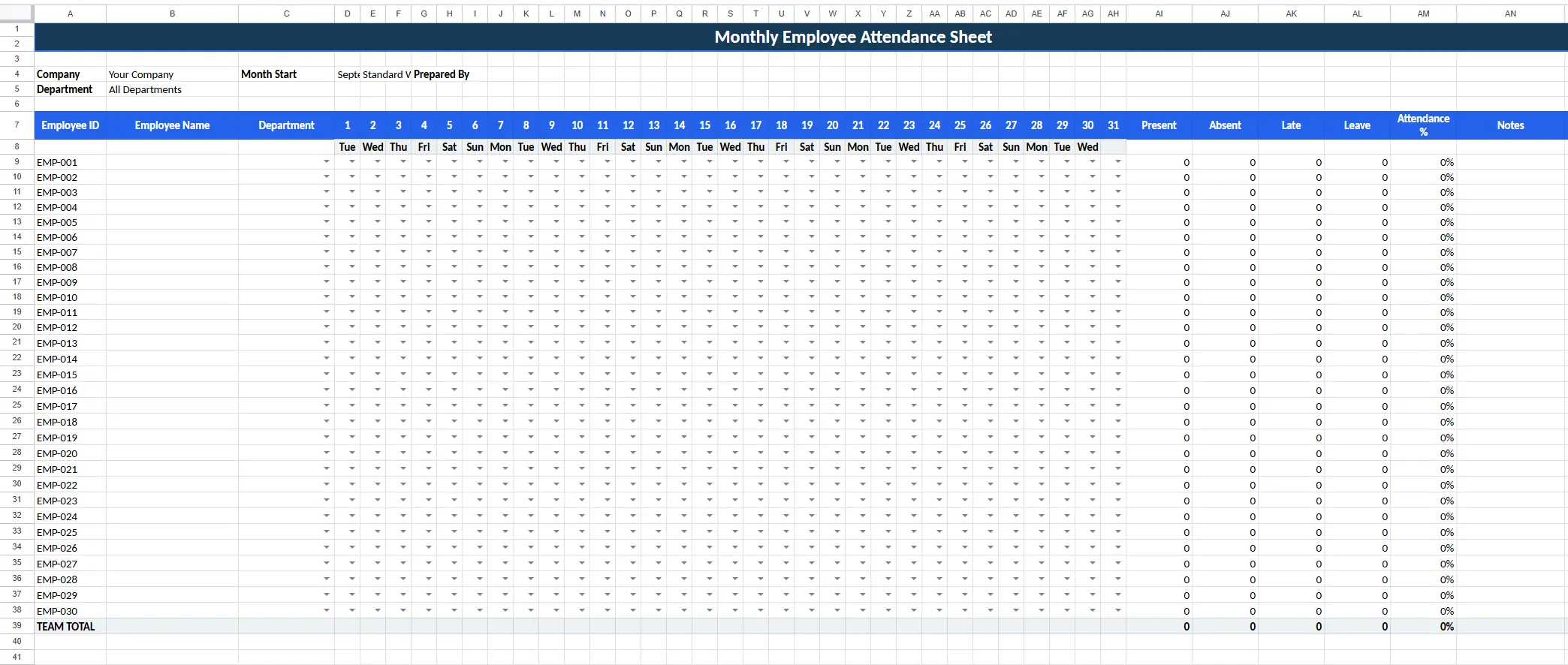 Free Employee Attendance Sheet template for tracking monthly employee attendance in Excel