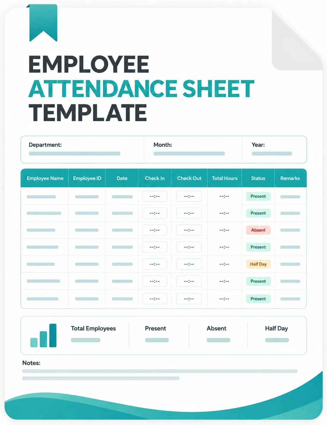 Employee attendance sheet template with check-in, check-out, status, hours, and remarks fields.