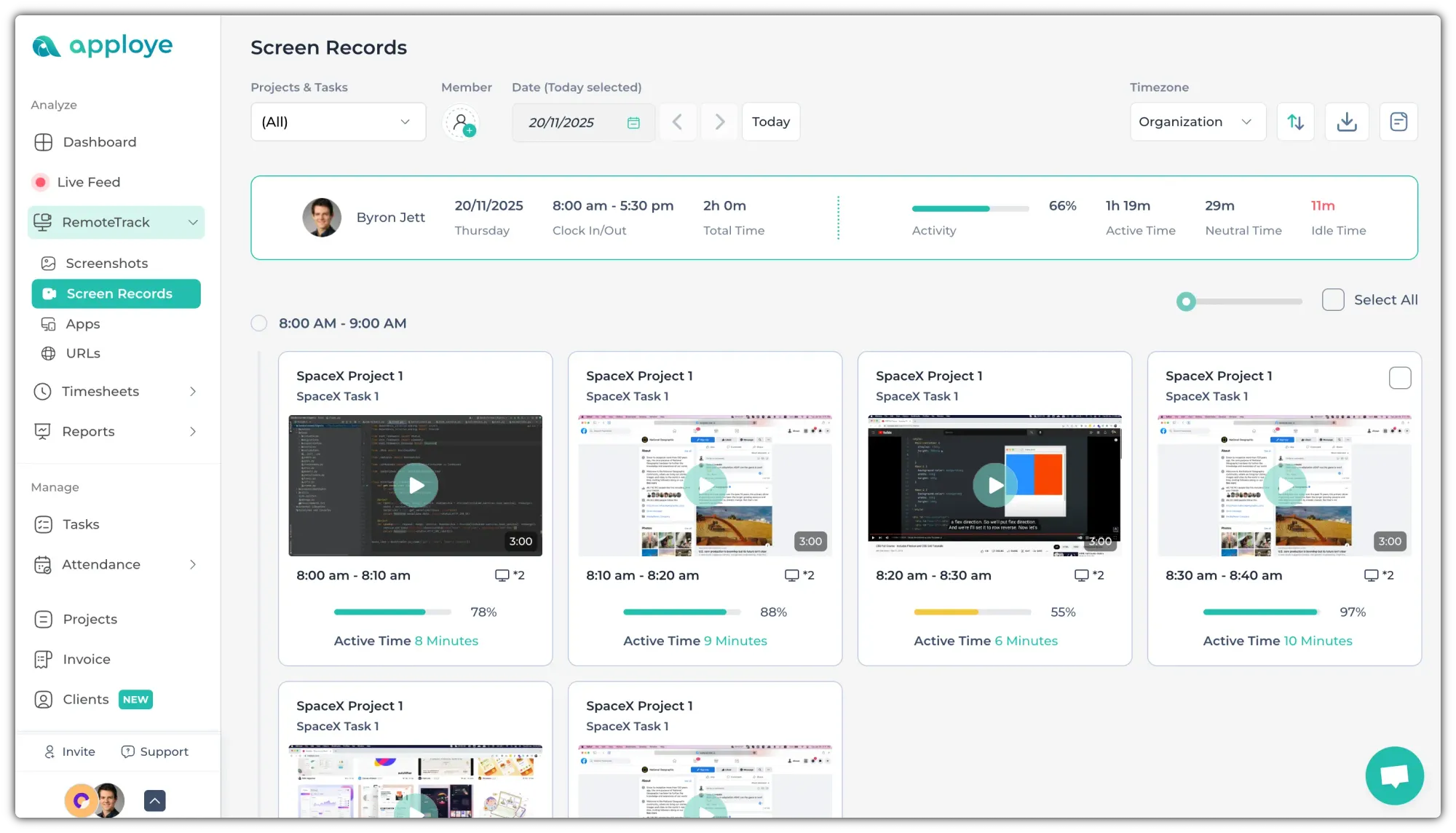 Apploye screen recording feature capturing full work sessions.