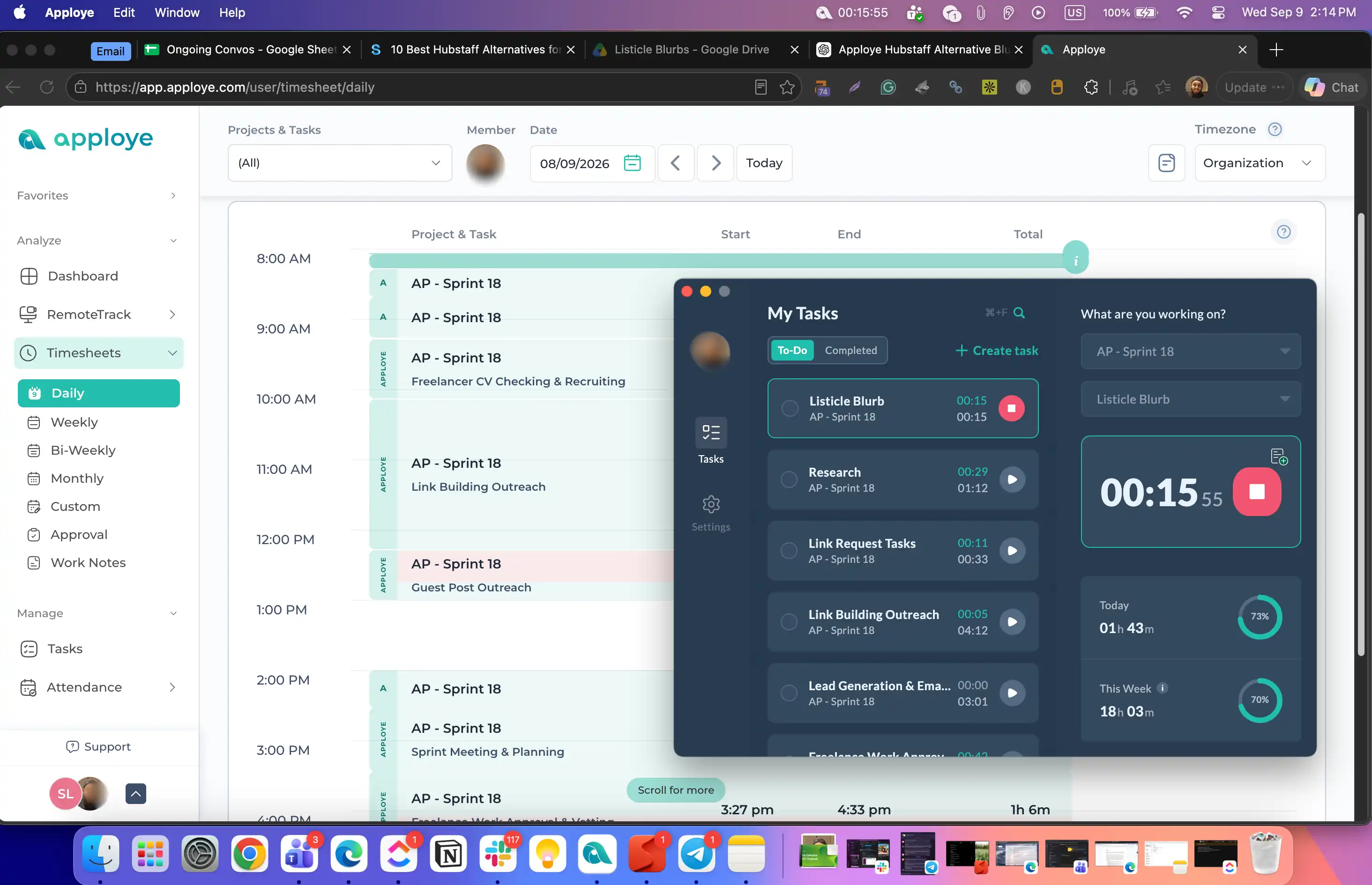 Apploye time tracking running on MacBook.