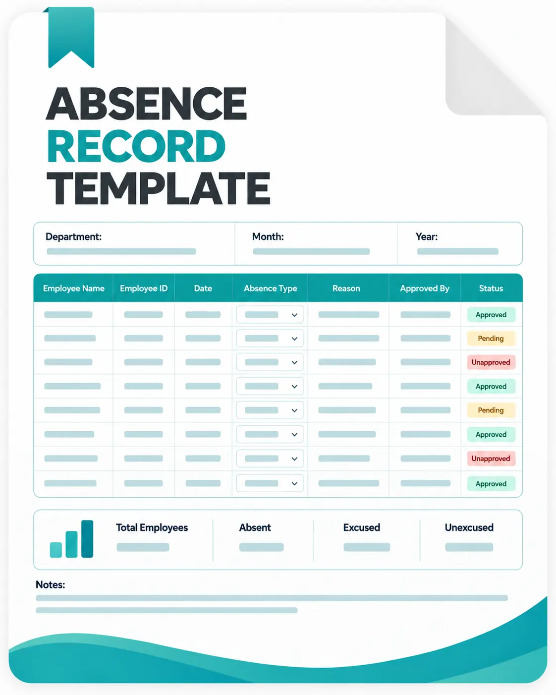 Absence record template with employee details, absence type, reason, approval, and status fields.