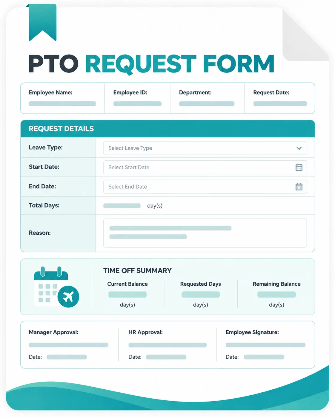 PTO request form template with leave dates, reason, time-off balance, and approval fields.