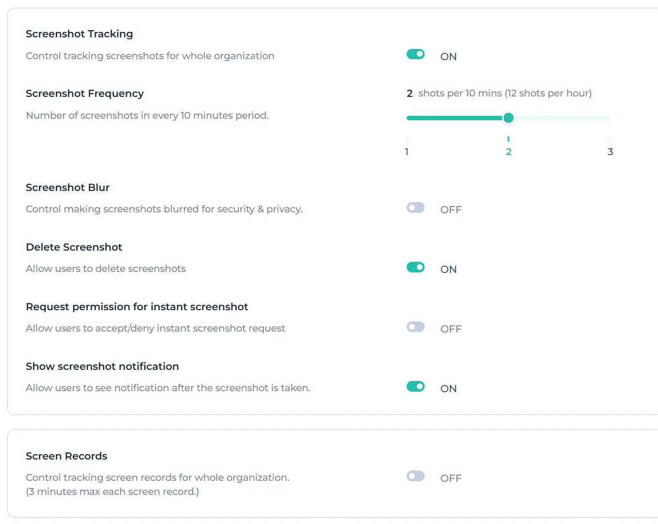 Screenshot tracking settings for frequency, blur, deletion, notifications, and screen records.