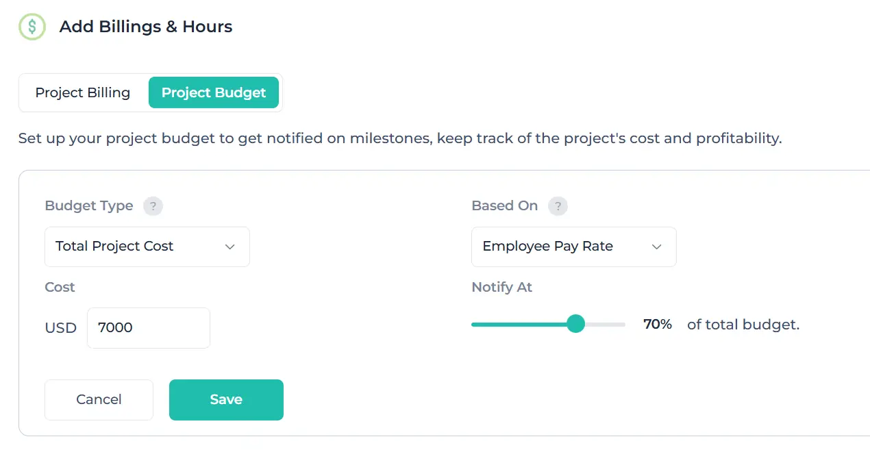 Project budget and billing settings for tracking costs and employee pay rates.