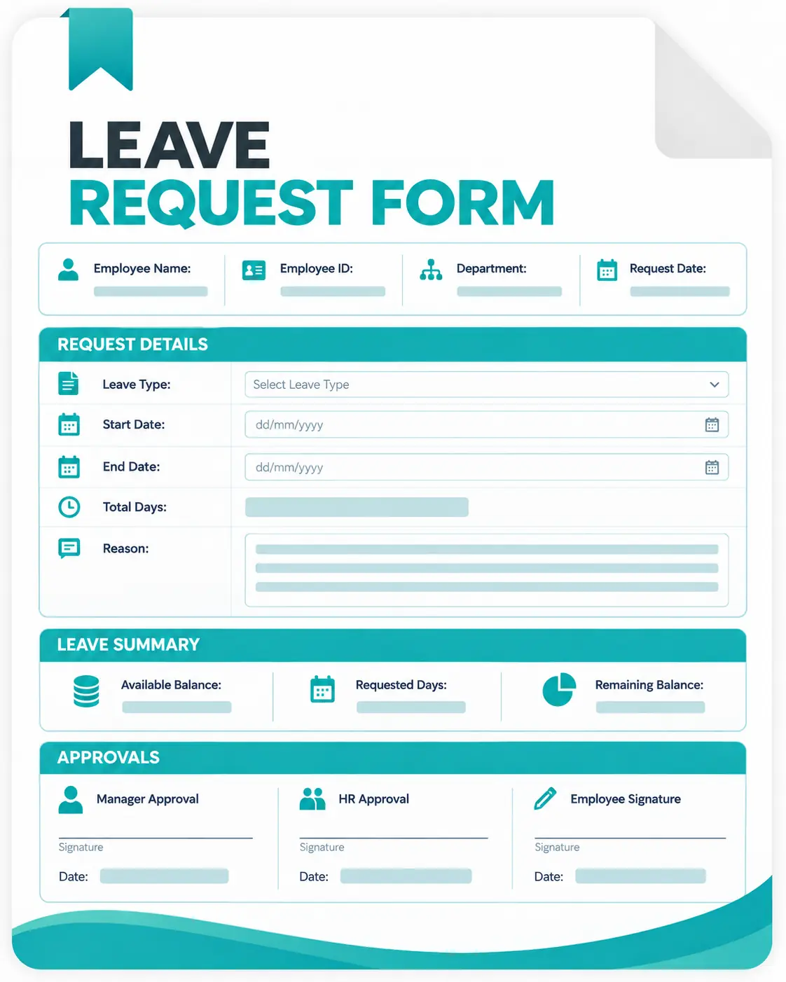 Leave request form template with employee details, leave dates, balance, and approval fields.