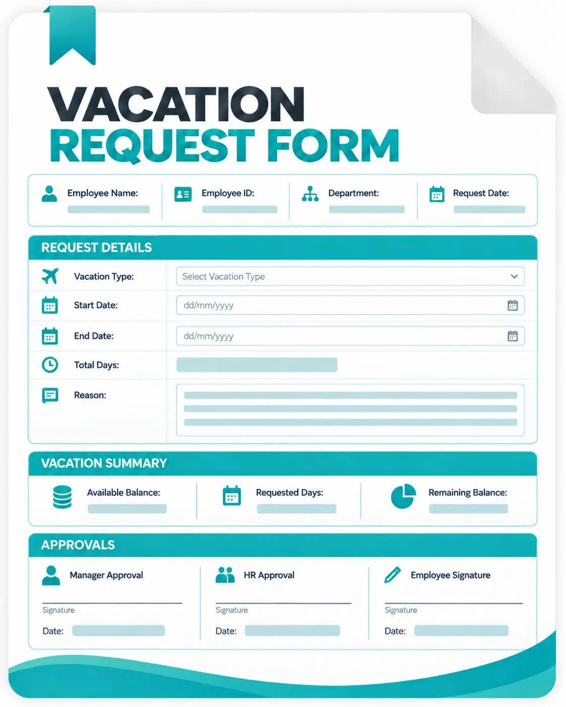 Vacation request form template with dates, balance, reason, and approval fields.