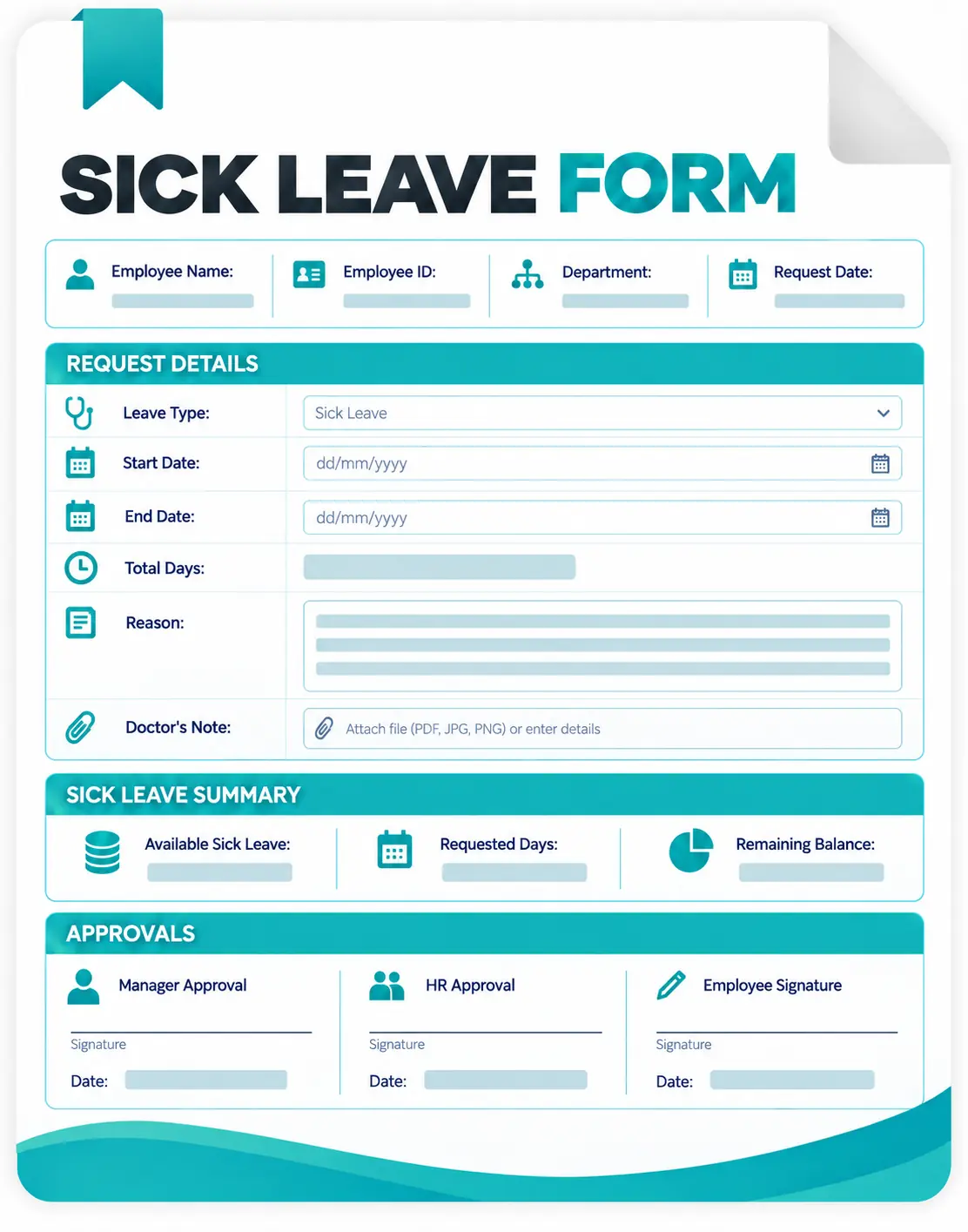 Sick leave form template with dates, reason, doctor’s note, balance, and approval fields.
