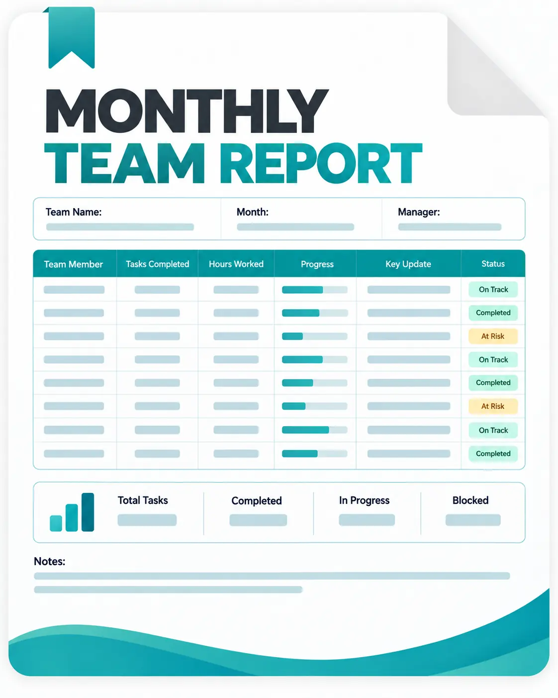 Monthly team report template with tasks, hours, progress, status, and performance summary.