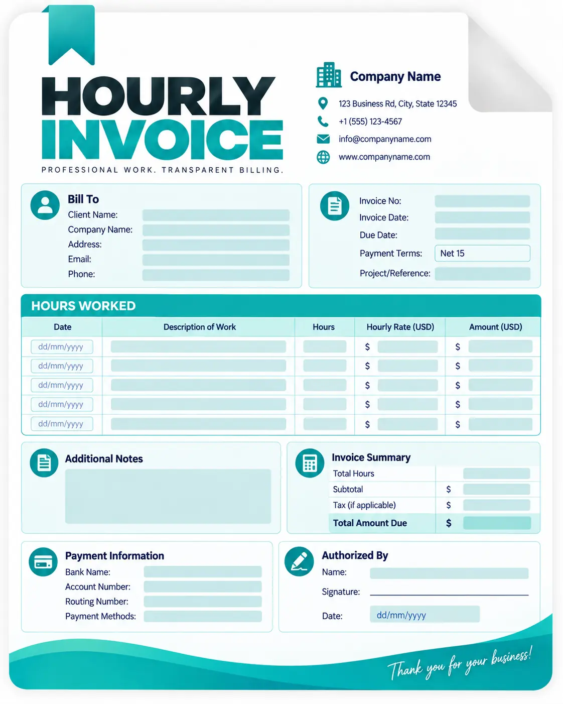 Hourly invoice template with hours worked, hourly rates, payment details, and total amount due