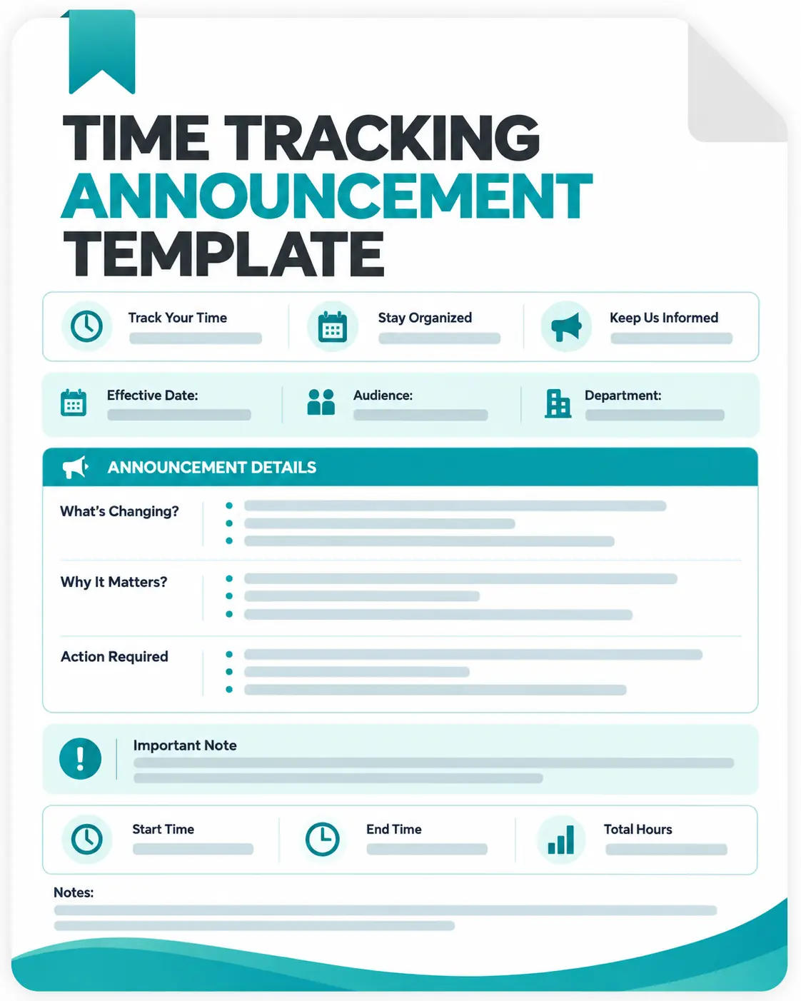 Time tracking announcement template with policy details, action steps, hours, and employee notes.