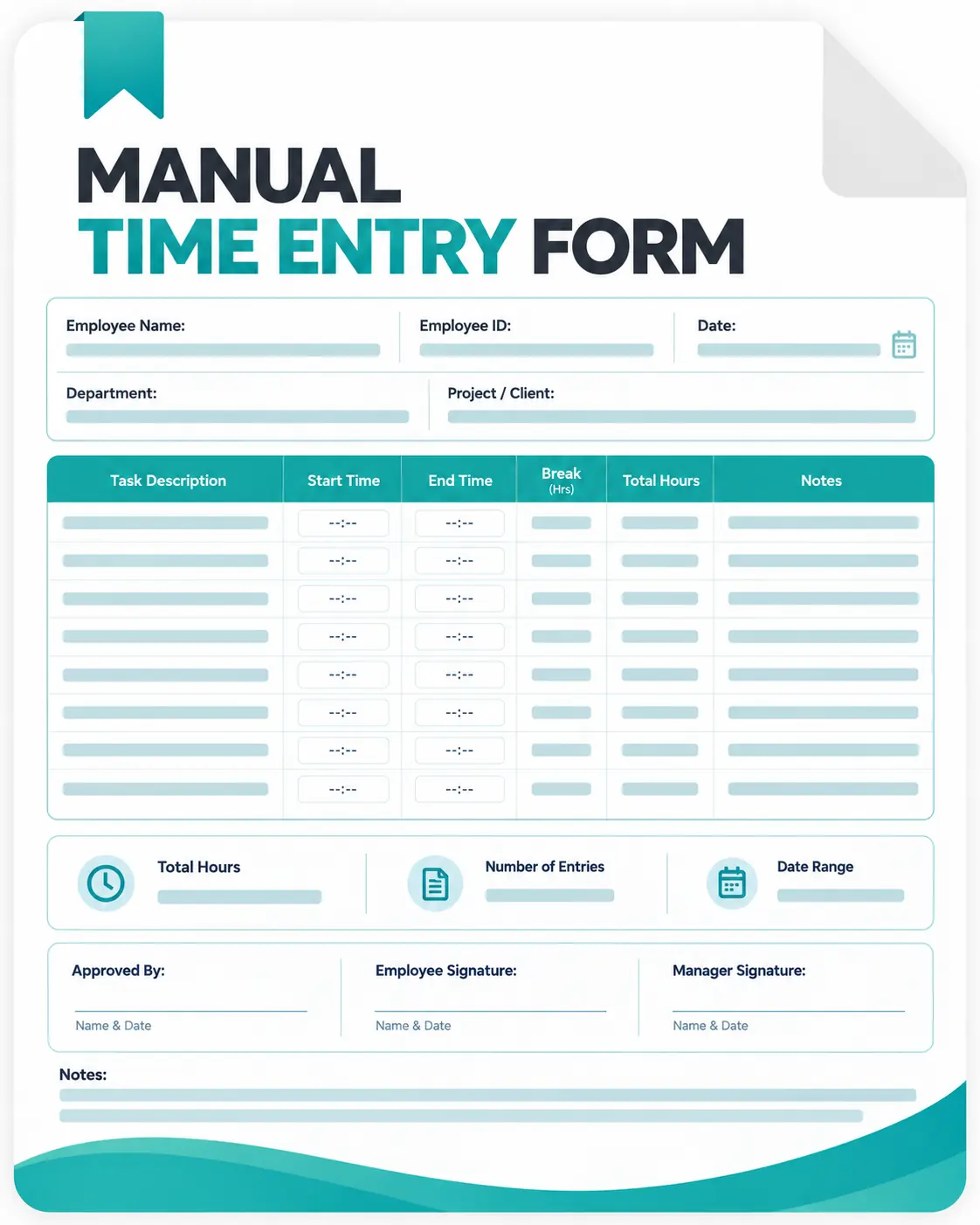 Manual time entry form template with task, start time, end time, breaks, hours, and notes fields.