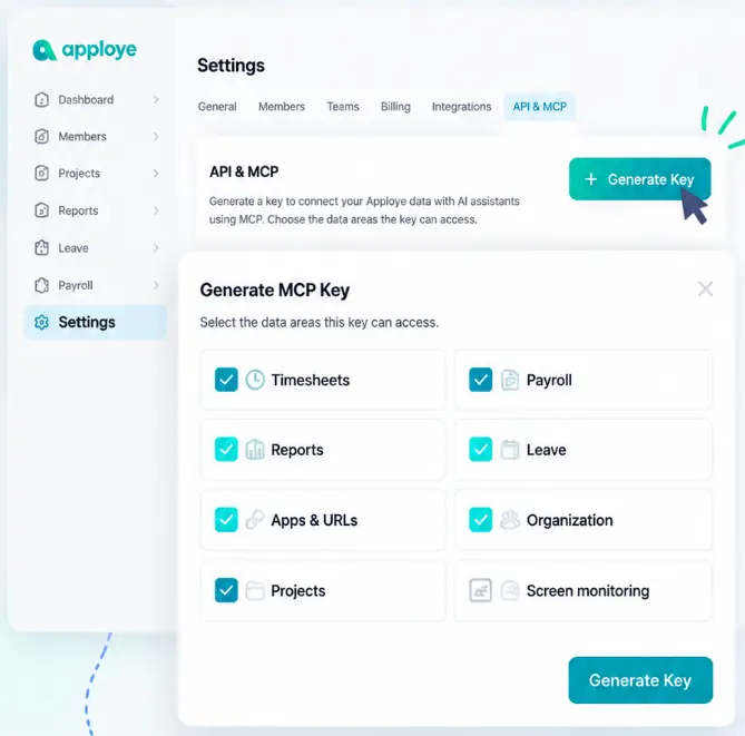 Apploye MCP key setup showing API and MCP settings and permission selection.