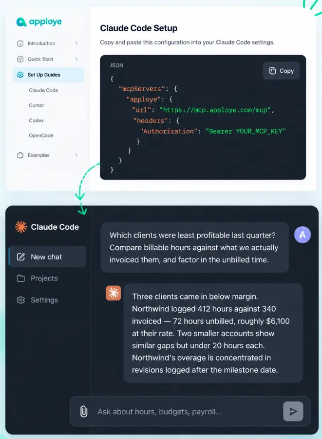 Apploye MCP setup snippet copied into an AI assistant with a data query response.