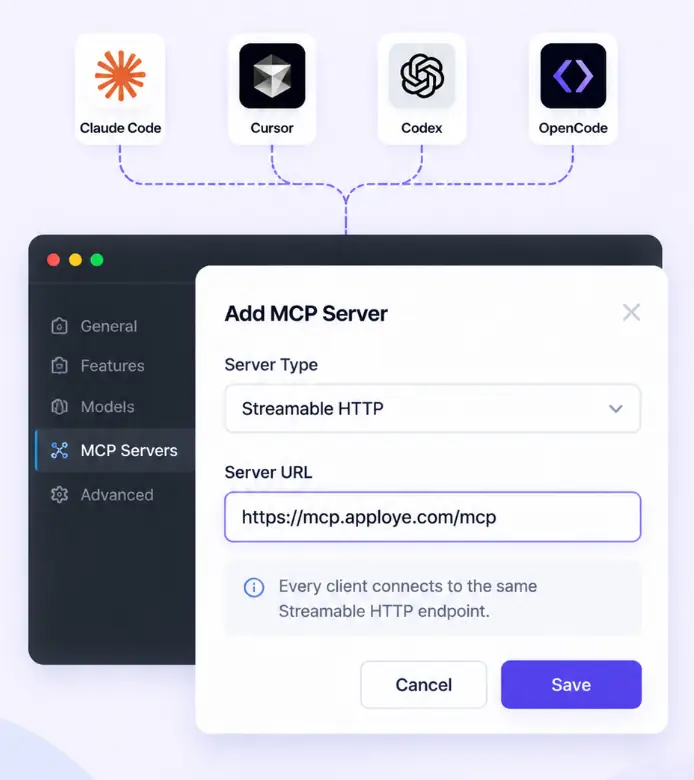 Connecting Claude, Cursor, Codex, and OpenCode to the Apploye MCP server endpoint.