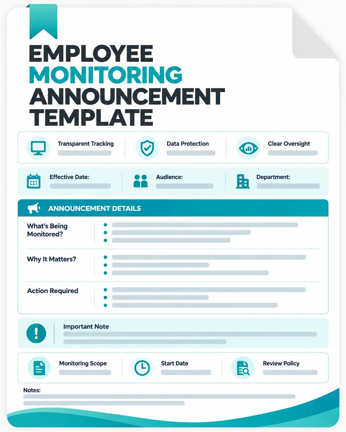 Employee monitoring announcement template with tracking scope, data protection, and policy details.