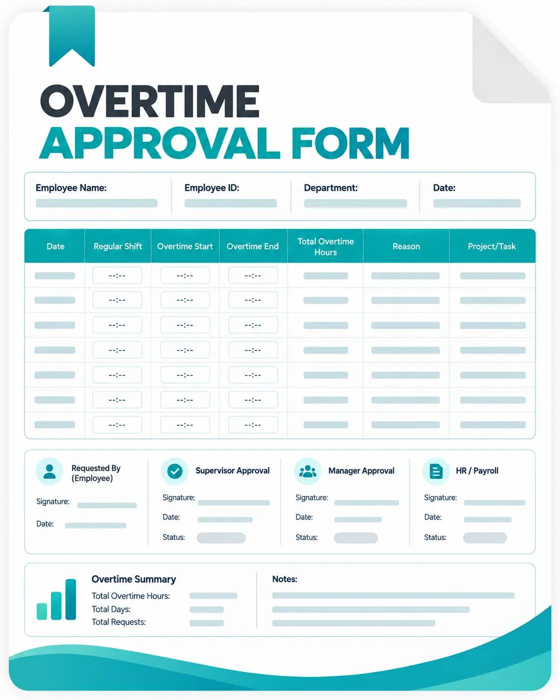 Overtime approval form template with employee details, overtime hours, reasons, and approval fields.